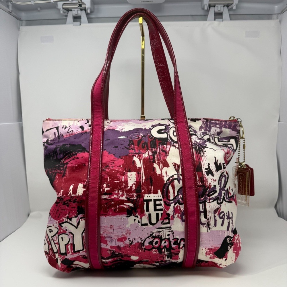 Coach Poppy Graffiti Tote Bag Pink Red Canvas Leather Trim Large Shoulder Bag - Picture 15 of 16